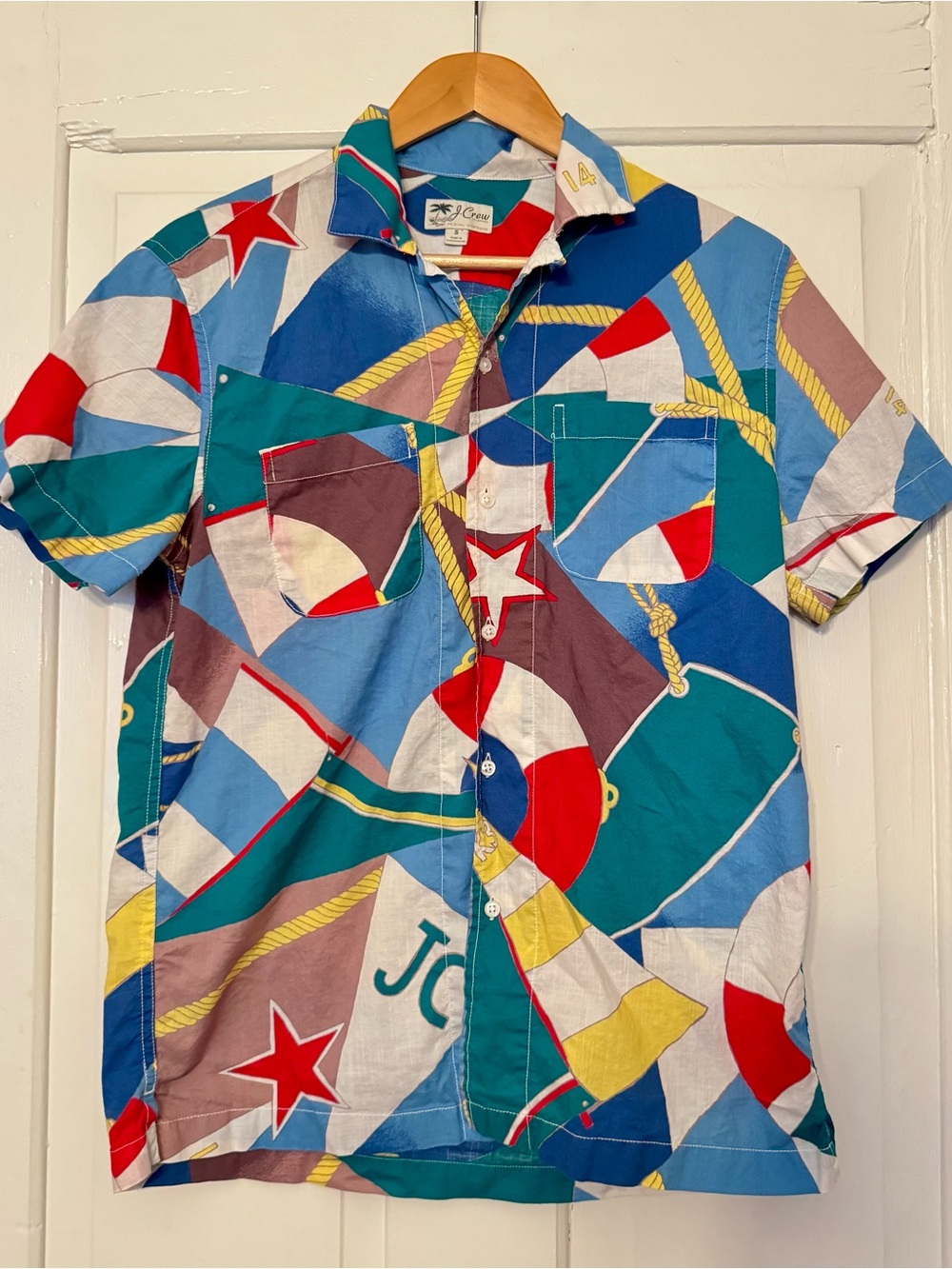 Vintage J. Crew Men's Short-Sleeve Nautical Print Shirt in Blue, Teal, Red